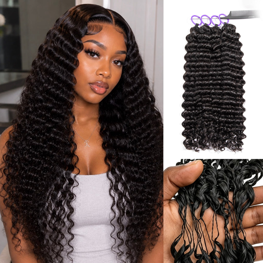 Feather Crochet Braids | Deep Wave Natural Black Human Hair Extensions (50g/40pcs)